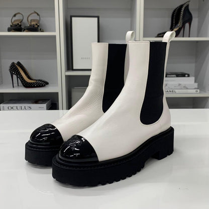 Chanel CC Logo Leather Patent Side Gore Short Boots White — view 3