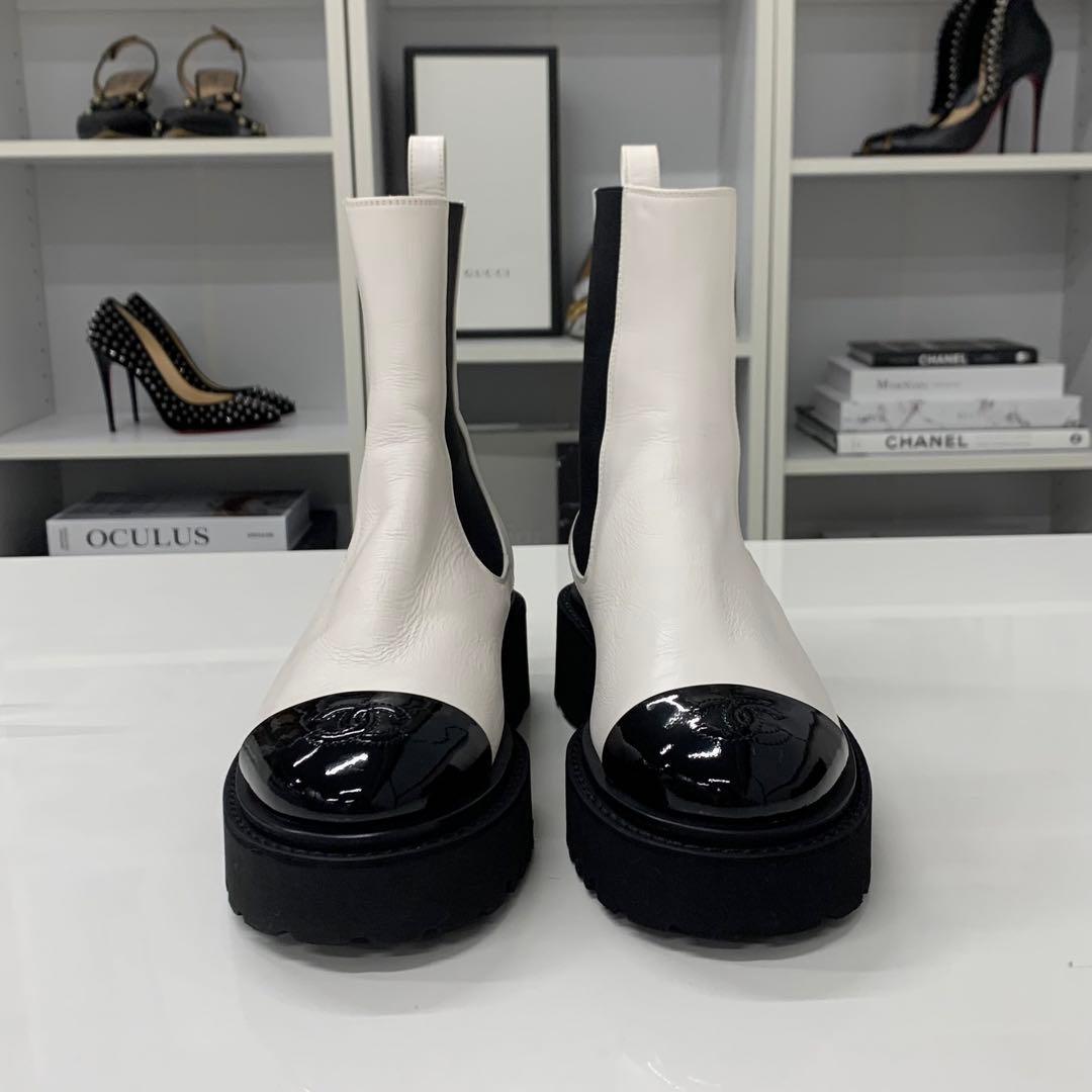 Chanel CC Logo Leather Patent Side Gore Short Boots White — view 4