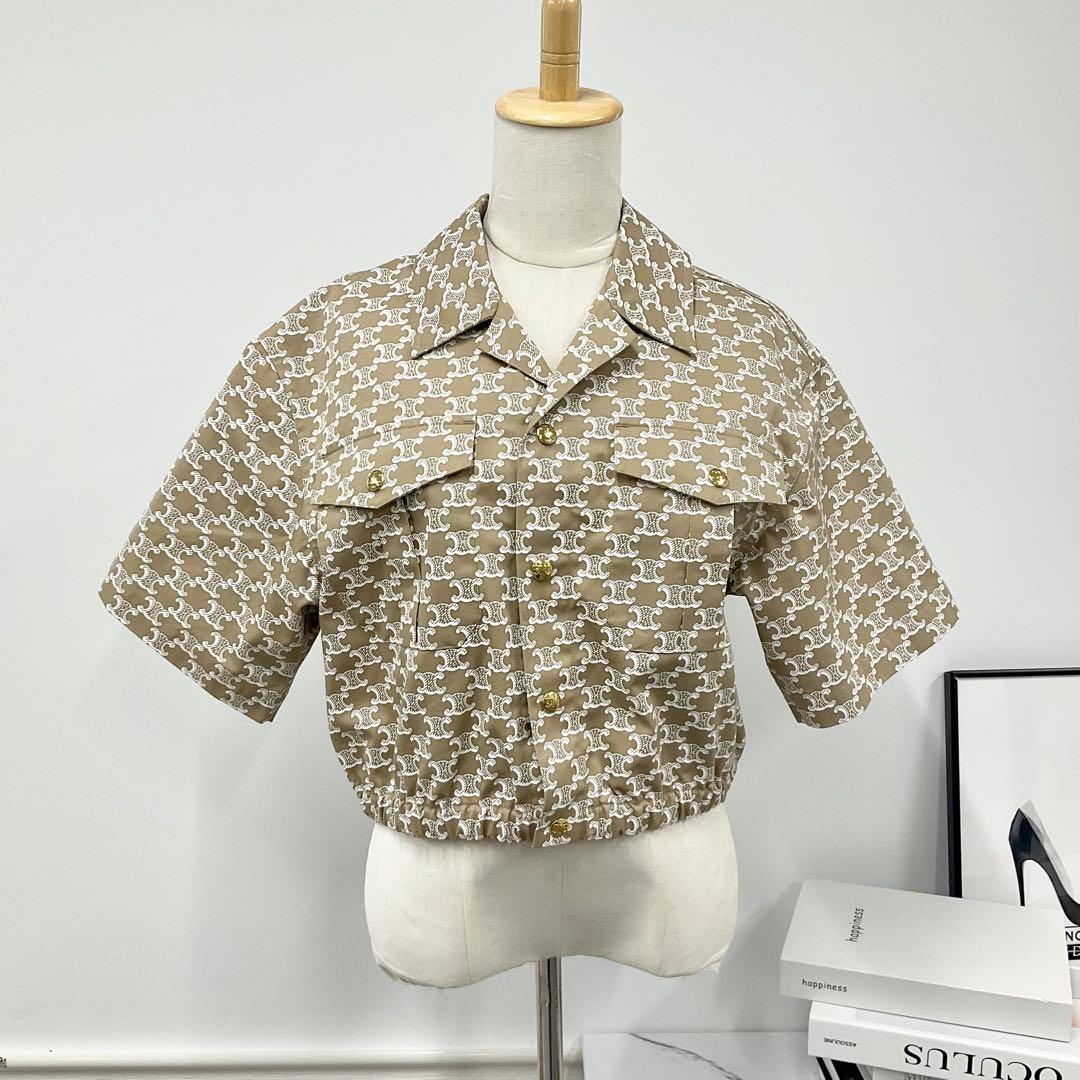 Celine Triomphe Shirt Cotton Top Cropped Beige