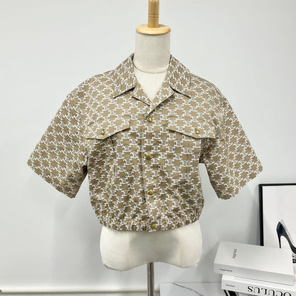 Celine Triomphe Shirt Cotton Top Cropped Beige