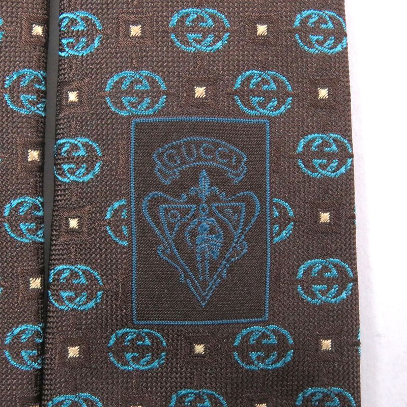 Gucci 100% Silk Interlocking G Total Pattern Cles St Logo Tie Wide Tie Brown