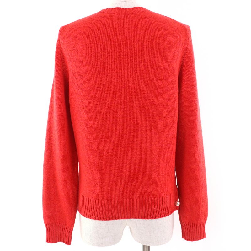 CHANEL P57305 100% Cashmere Coco Mark Pearl V-neck Long Sleeve Knit Sweater Red