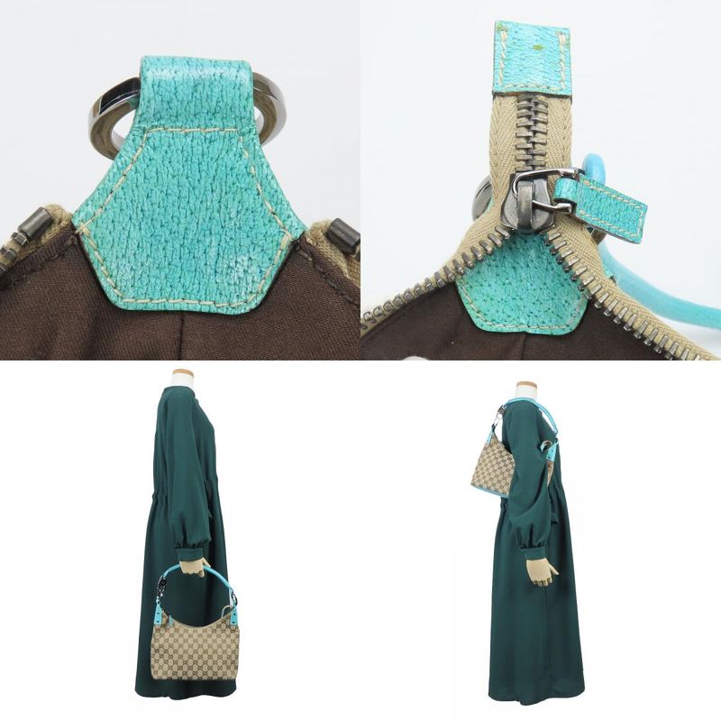 Gucci Shoulder Bag 115002 GG Canvas Leather Beige Blue Silver Hardware Shoulder