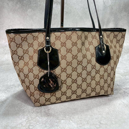 Gucci GG Tote Canvas Brown Charm Leather