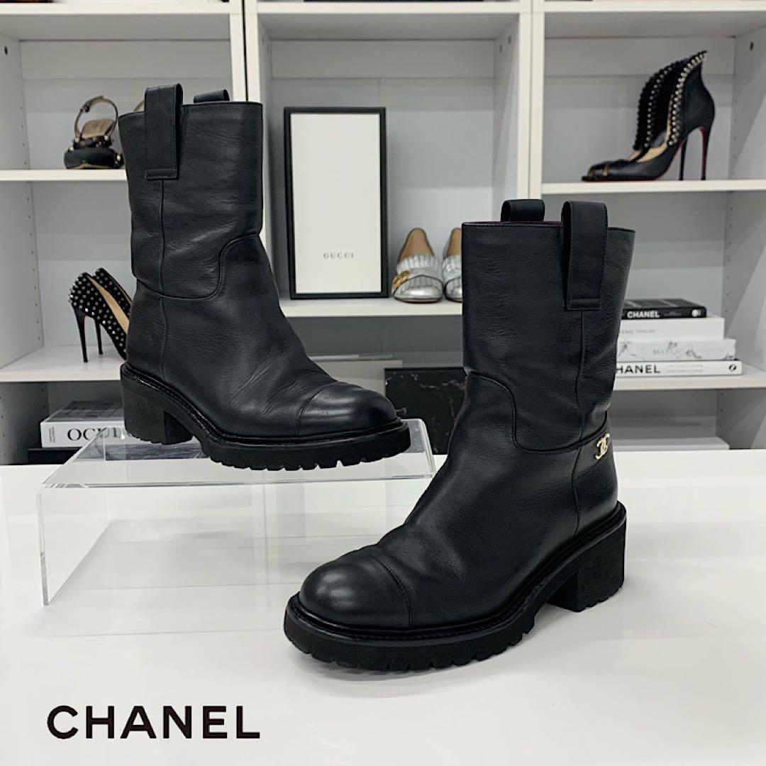 Chanel Leather Logo CC Short Boots Black