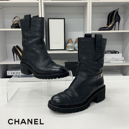 Chanel Leather Logo CC Short Boots Black