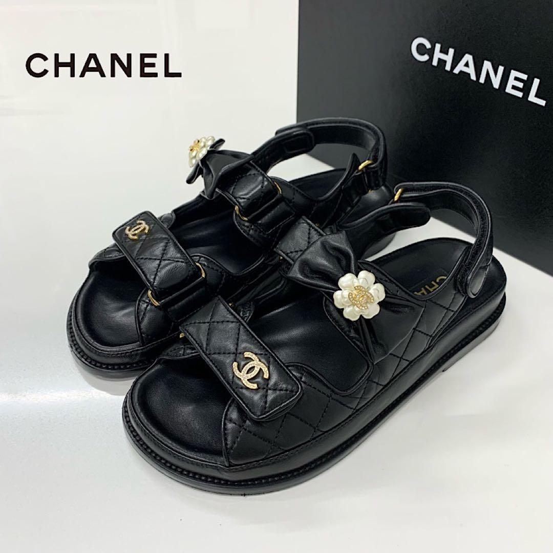 Chanel CC Logo Quilted Camellia Rhinestone Leather Sandals