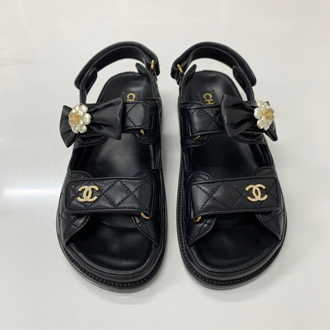 Chanel CC Logo Quilted Camellia Rhinestone Leather Sandals — view 2
