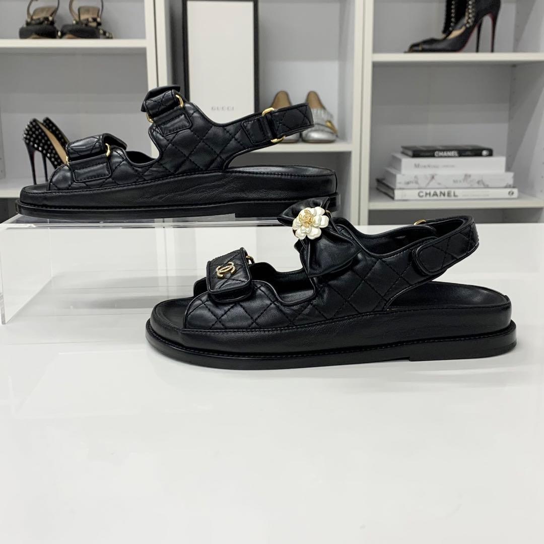 Chanel CC Logo Quilted Camellia Rhinestone Leather Sandals — view 3