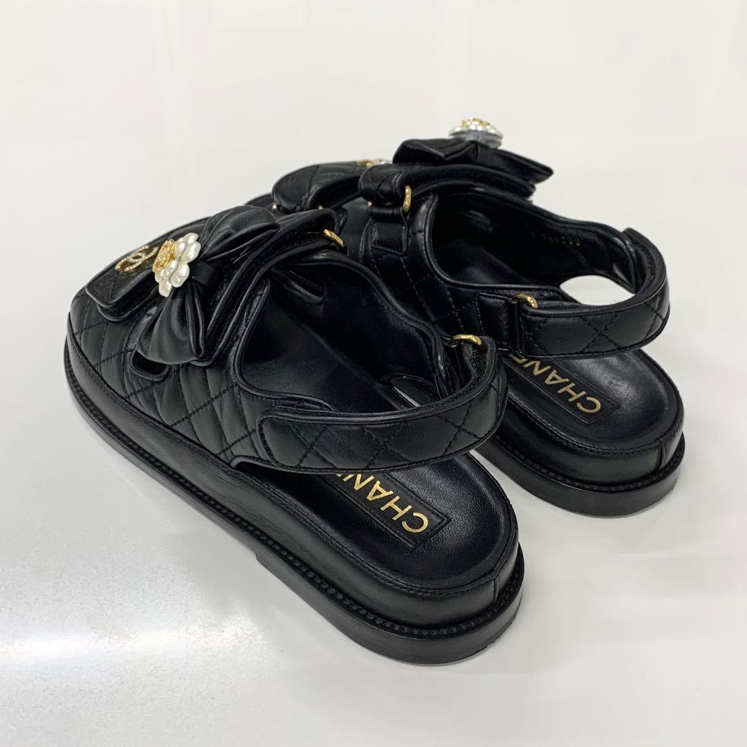 Chanel CC Logo Quilted Camellia Rhinestone Leather Sandals — view 4