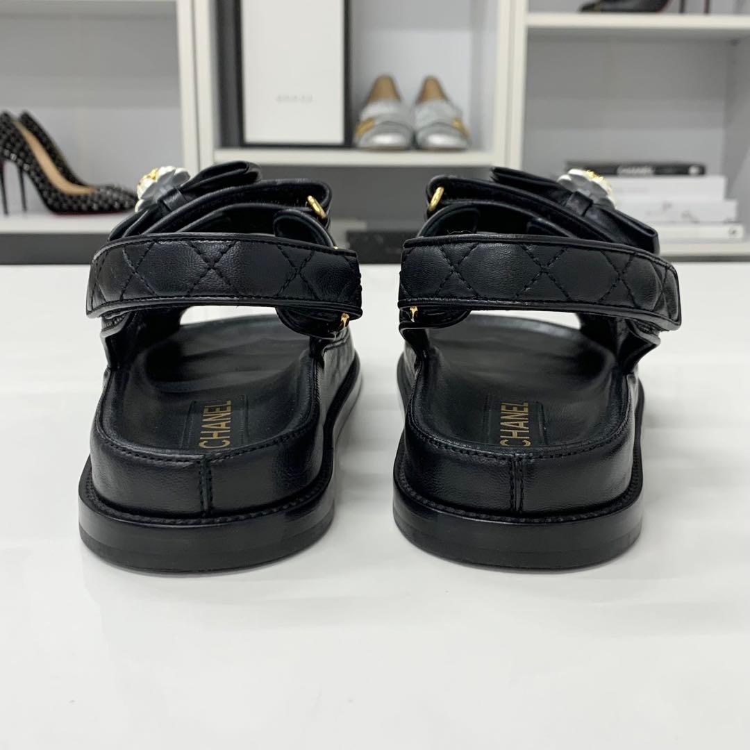 Chanel CC Logo Quilted Camellia Rhinestone Leather Sandals — view 5