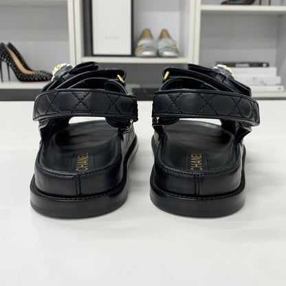 Chanel CC Logo Quilted Camellia Rhinestone Leather Sandals — view 5