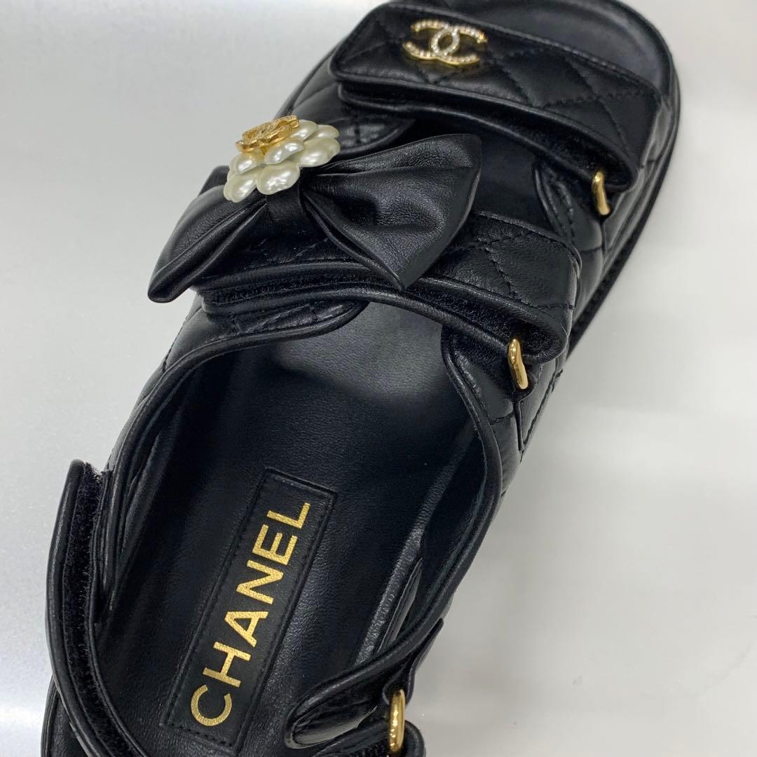 Chanel CC Logo Quilted Camellia Rhinestone Leather Sandals — view 7
