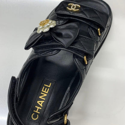 Chanel CC Logo Quilted Camellia Rhinestone Leather Sandals — view 7
