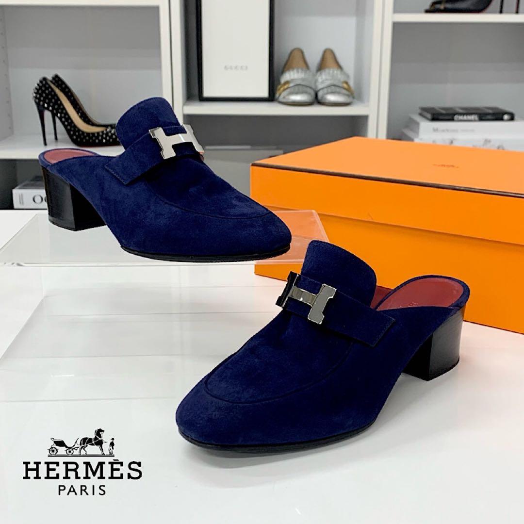 Hermes Paradis Suede Sandals Mules Navy
