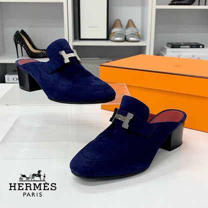Hermes Paradis Suede Sandals Mules Navy