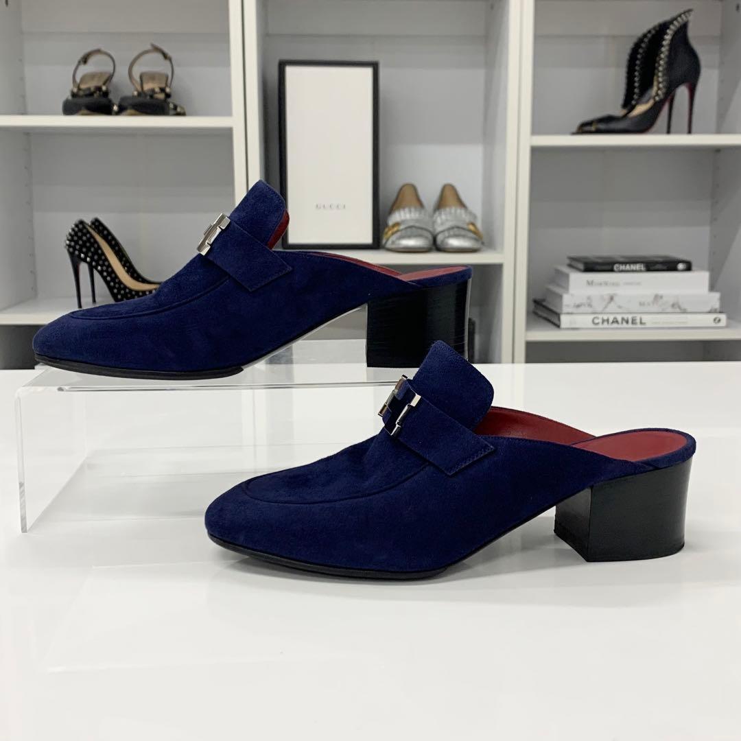 Hermes Paradis Suede Sandals Mules Navy — view 2
