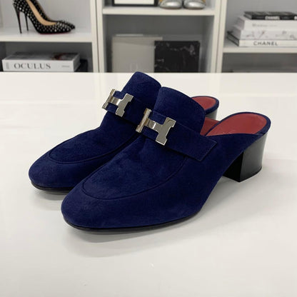 Hermes Paradis Suede Sandals Mules Navy — view 3