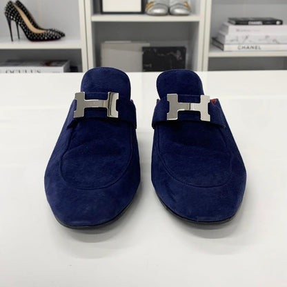 Hermes Paradis Suede Sandals Mules Navy — view 4