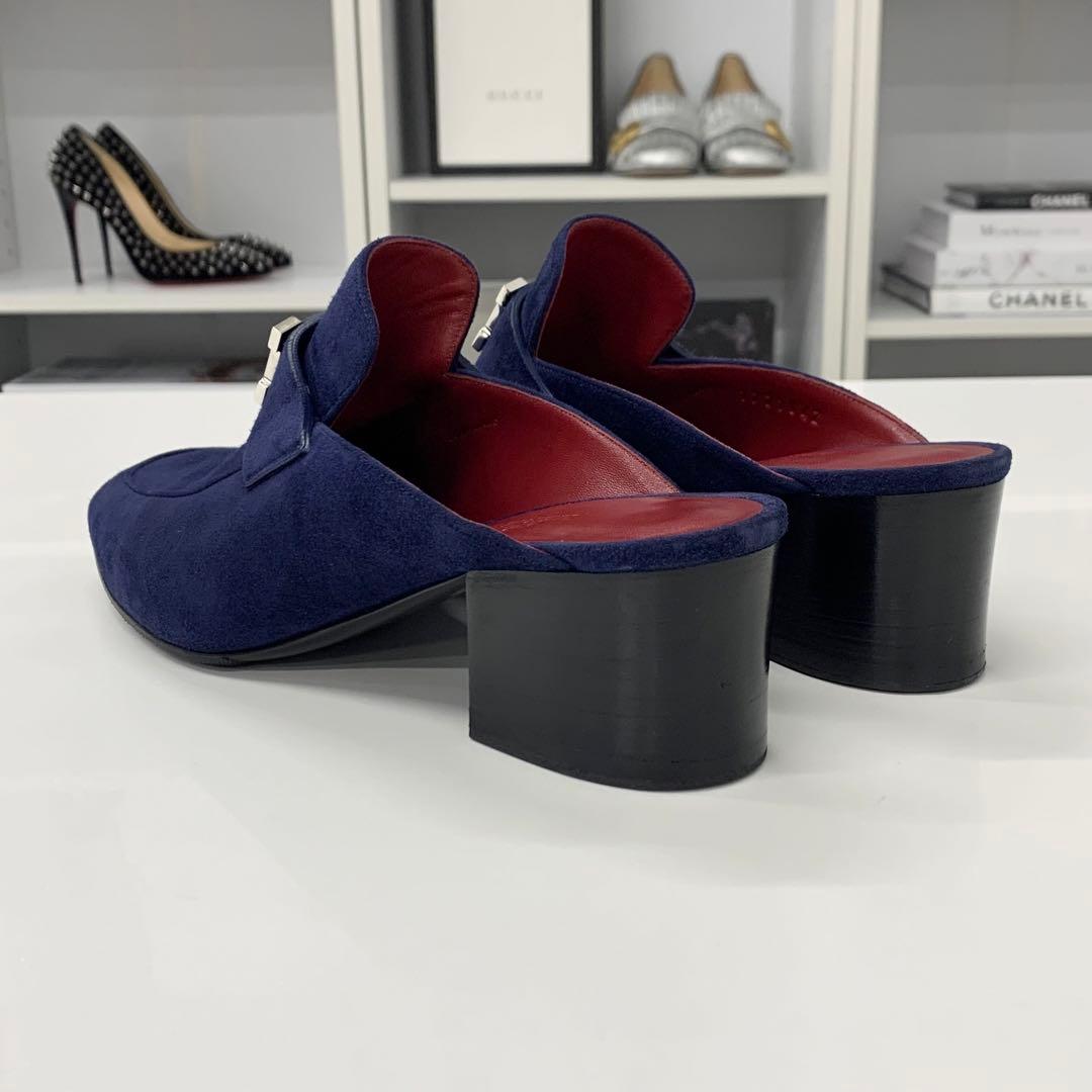 Hermes Paradis Suede Sandals Mules Navy — view 5
