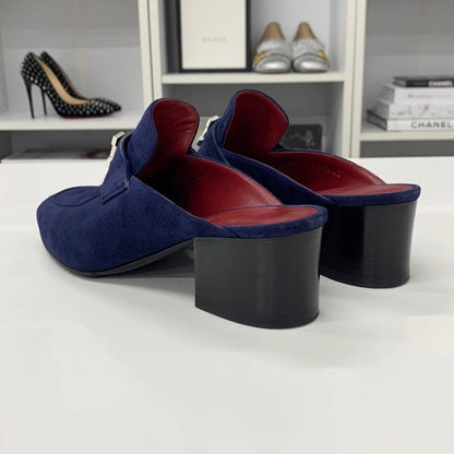 Hermes Paradis Suede Sandals Mules Navy — view 5