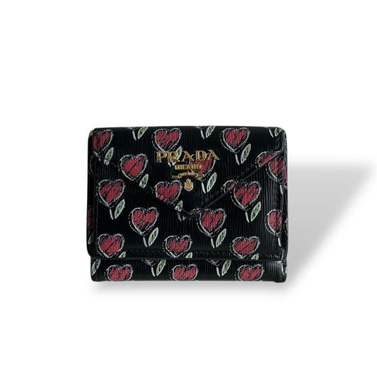 Prada Trifold Wallet Vittelomove Gold Logo Heart Saffiano Black