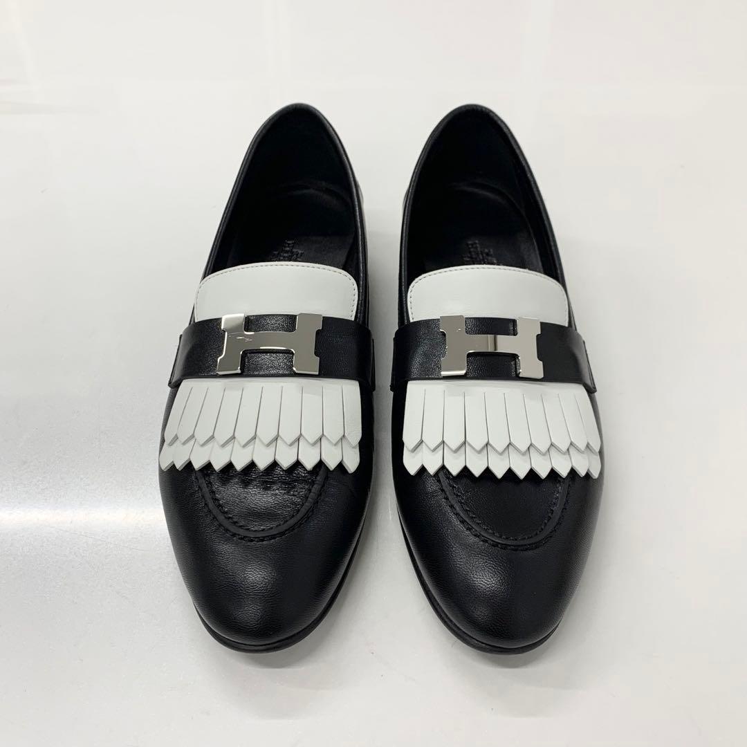 Hermes Royale Leather Hhardware Fringe Loafers Black White