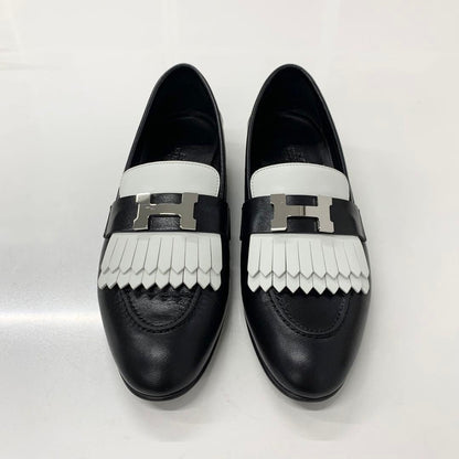 Hermes Royale Leather Hhardware Fringe Loafers Black White