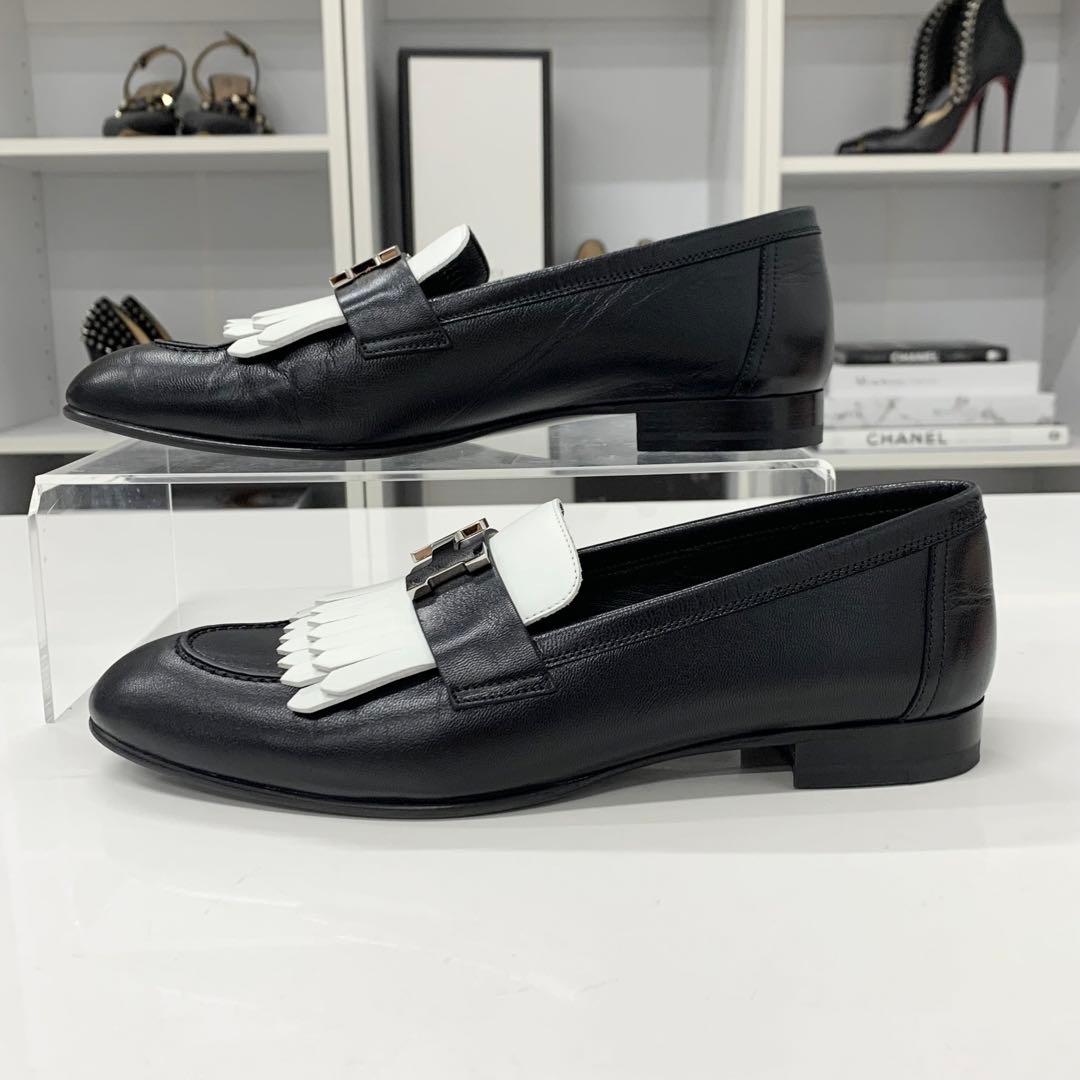 Hermes Royale Leather Hhardware Fringe Loafers Black White