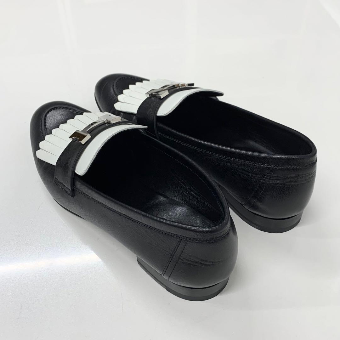 Hermes Royale Leather Hhardware Fringe Loafers Black White