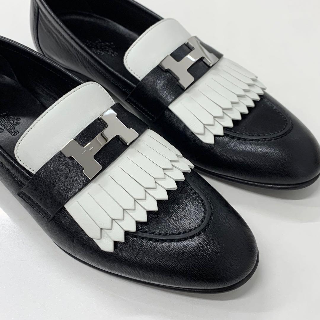 Hermes Royale Leather Hhardware Fringe Loafers Black White