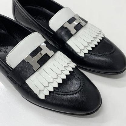 Hermes Royale Leather Hhardware Fringe Loafers Black White