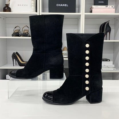 Chanel Suede Patent CC Logo Pearl Middle Boots Black — view 2