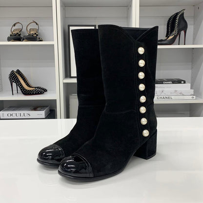 Chanel Suede Patent CC Logo Pearl Middle Boots Black — view 3