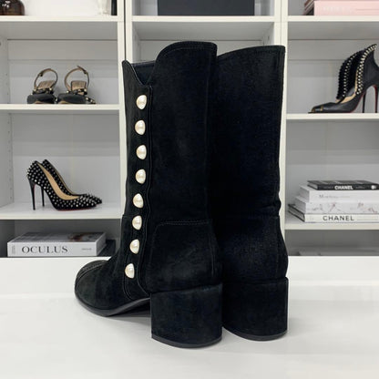 Chanel Suede Patent CC Logo Pearl Middle Boots Black — view 5