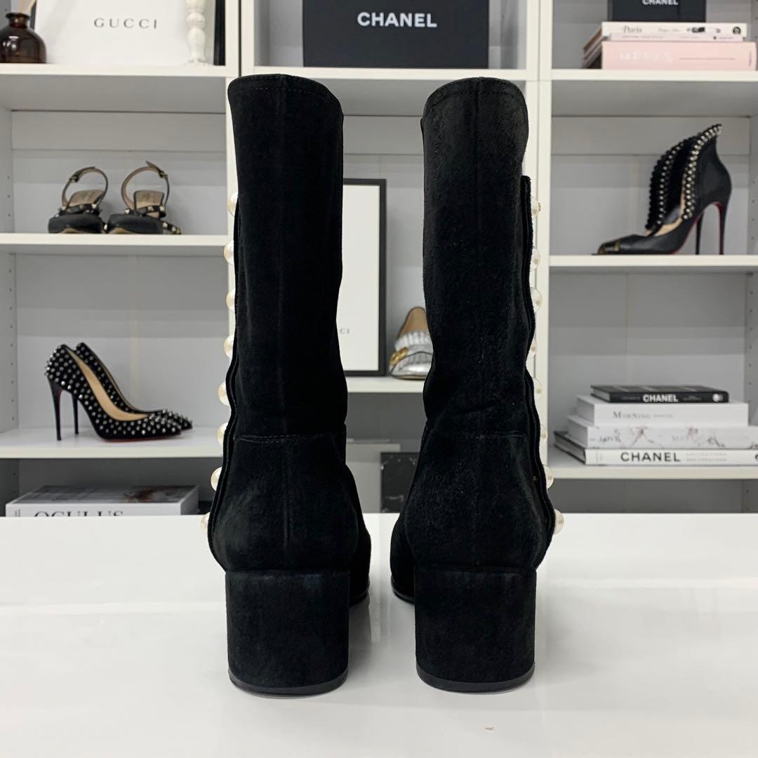 Chanel Suede Patent CC Logo Pearl Middle Boots Black — view 6