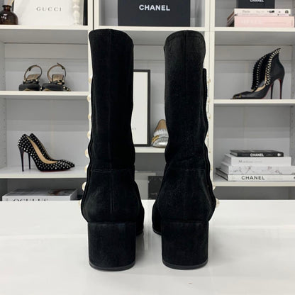 Chanel Suede Patent CC Logo Pearl Middle Boots Black — view 6