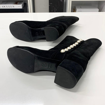 Chanel Suede Patent CC Logo Pearl Middle Boots Black — view 7
