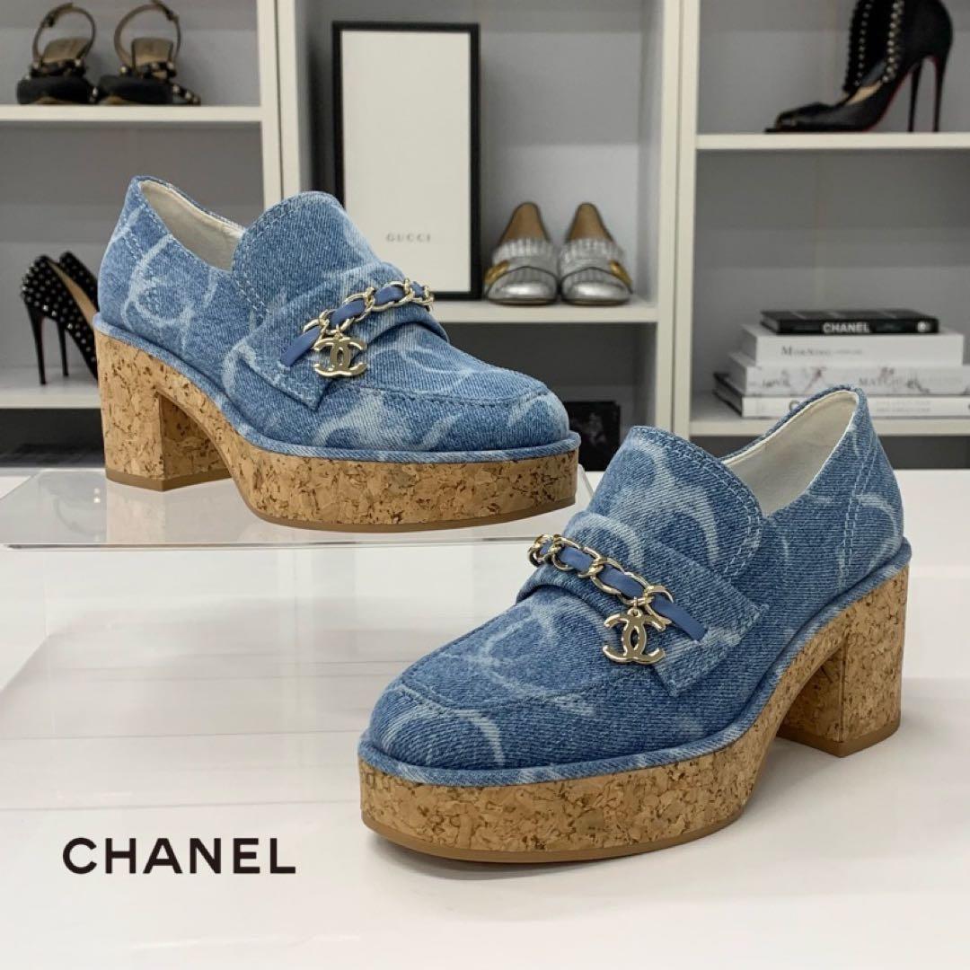 Chanel CC Logo Chain Denim Thick Bottom Cork Loafers Blue