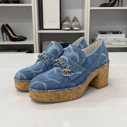 Chanel CC Logo Chain Denim Thick Bottom Cork Loafers Blue — view 3