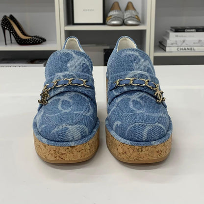 Chanel CC Logo Chain Denim Thick Bottom Cork Loafers Blue — view 4