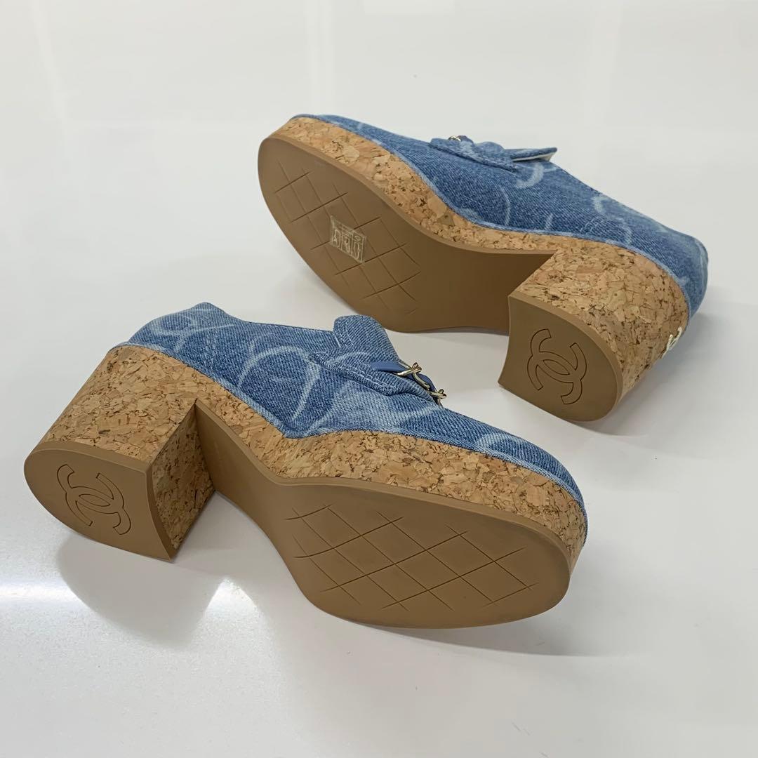 Chanel CC Logo Chain Denim Thick Bottom Cork Loafers Blue — view 7