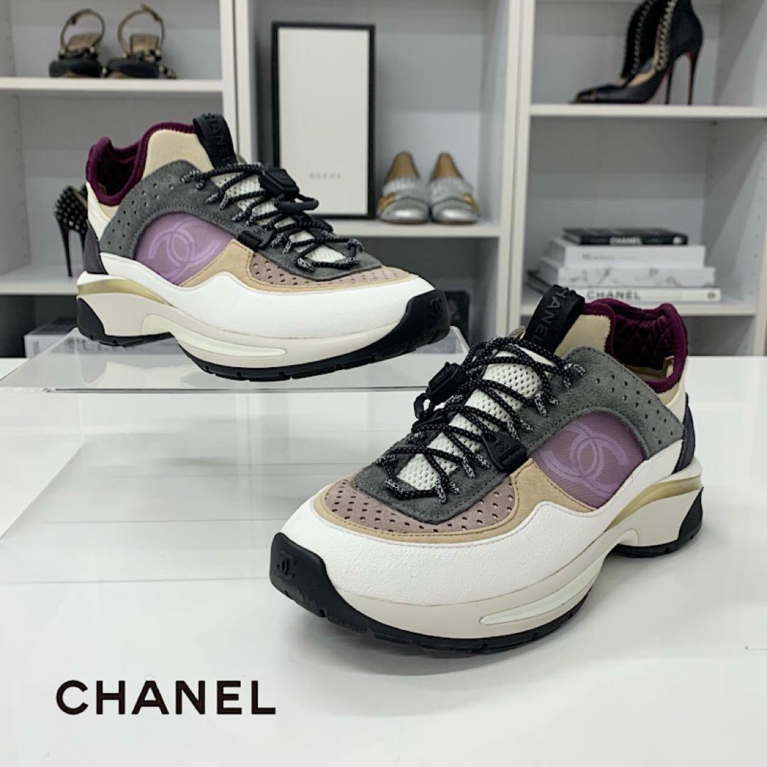 Chanel CC Logo Mesh Suede Leather Fabric Sneakers