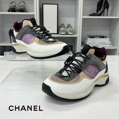 Chanel CC Logo Mesh Suede Leather Fabric Sneakers