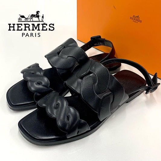 Hermes Gray Leather Flat Sandals Black