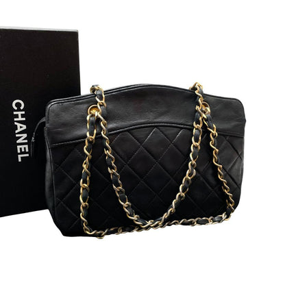 Chanel Quilted Lambskin Chain Hand Bag CC Logo Black