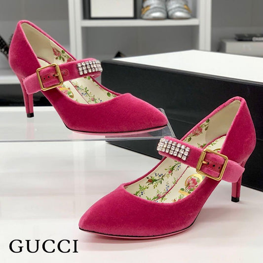 Gucci Velour Bijou Strap Pumps Pink Heels