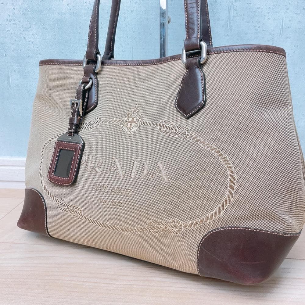 Prada Jacquard Canvas Tote Bag Logo Brown