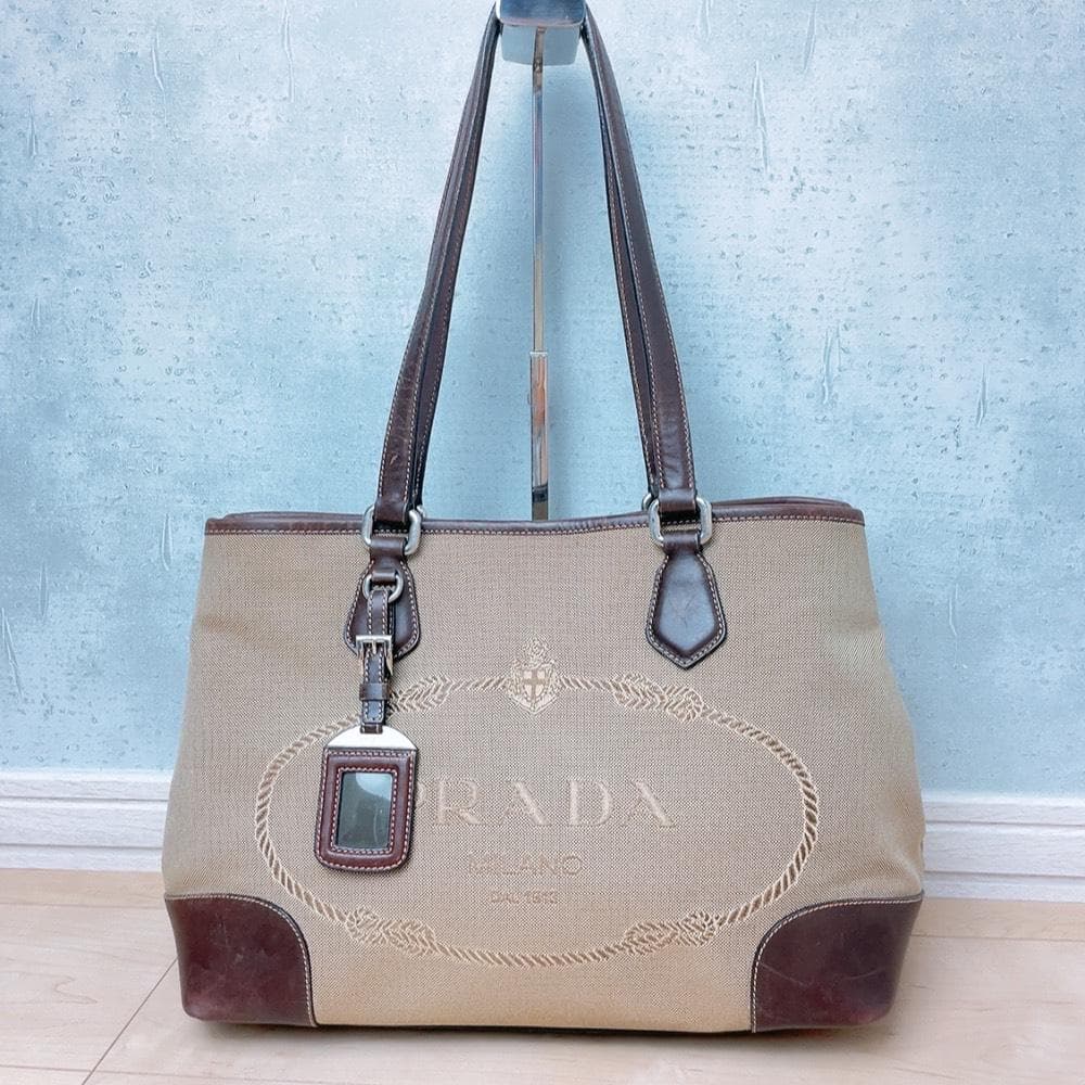 Prada Jacquard Canvas Tote Bag Logo Brown — view 2