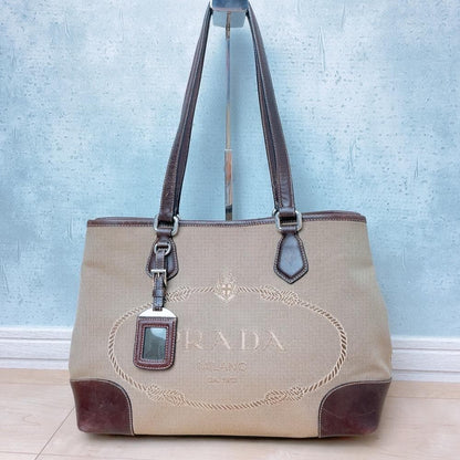 Prada Jacquard Canvas Tote Bag Logo Brown — view 2